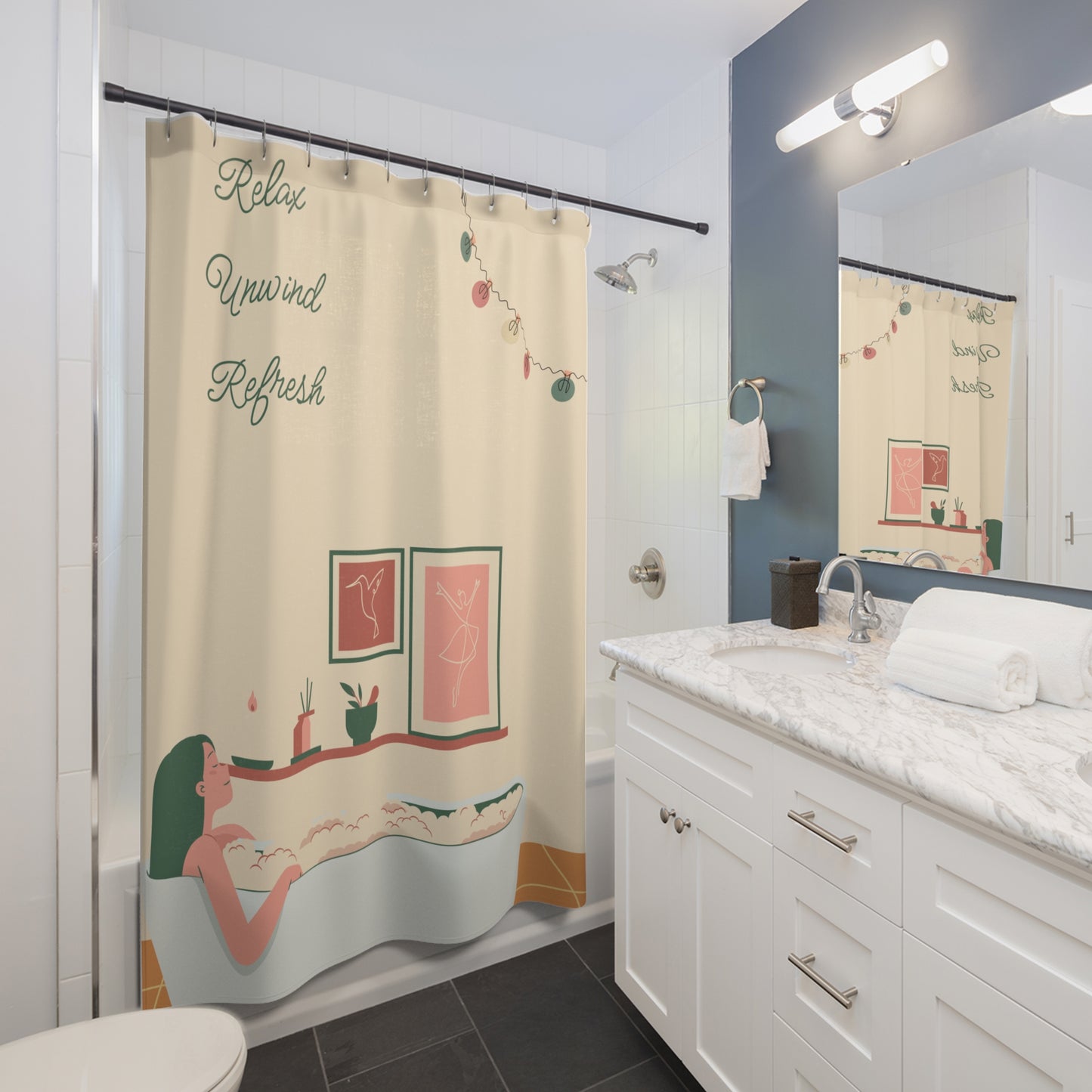 Relax, Unwind, Refresh Shower Curtains