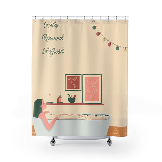 Relax, Unwind, Refresh Shower Curtains